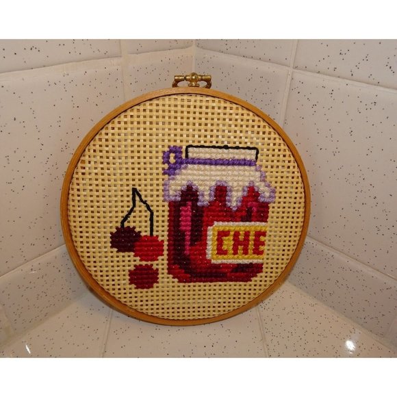 Vintage Needlepoint Hoop Art Cherries on Woven Rattan wood frame farmhouse decor - Picture 2 of 11